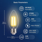 FLSNT 100W Equivalent LED Candelabra Bulbs, 800LM Dimmable LED Chandelier Light Bulbs, 2700K Soft White, E26 Base, 12 Pack UL,CA65 Listed.