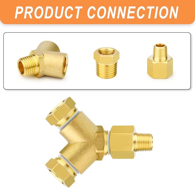 GASHER 2PCS Brass Pipe Fitting Male Branch Tee Y Adapter 1/8" NPT Female x 1/8" NPT Female x 1/8" NPT Male