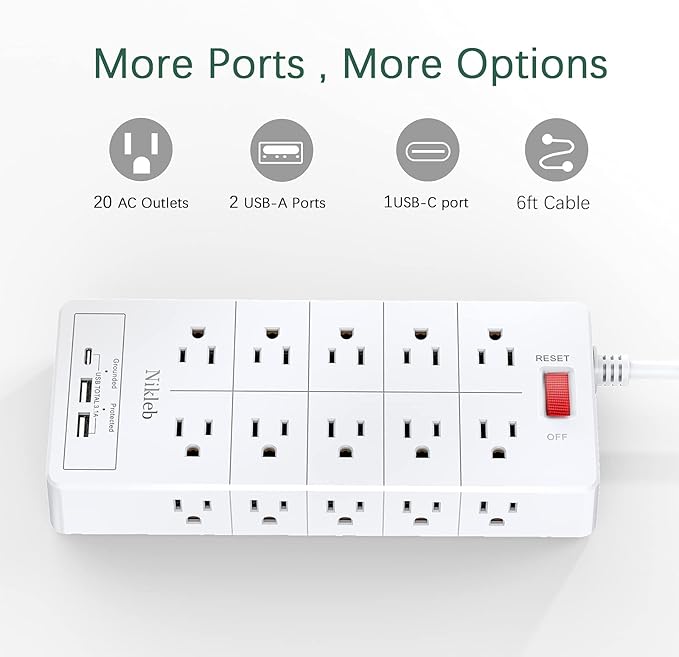 Power Strip Surge Protector 23 in 1, 6ft Extension Cord with 3 USB Ports Smart 3.1A, Multiple Outlet Adapter 20 Outlets, Outlet Extender Cord Organizer for Office, College, Apartment, Gaming Stuff