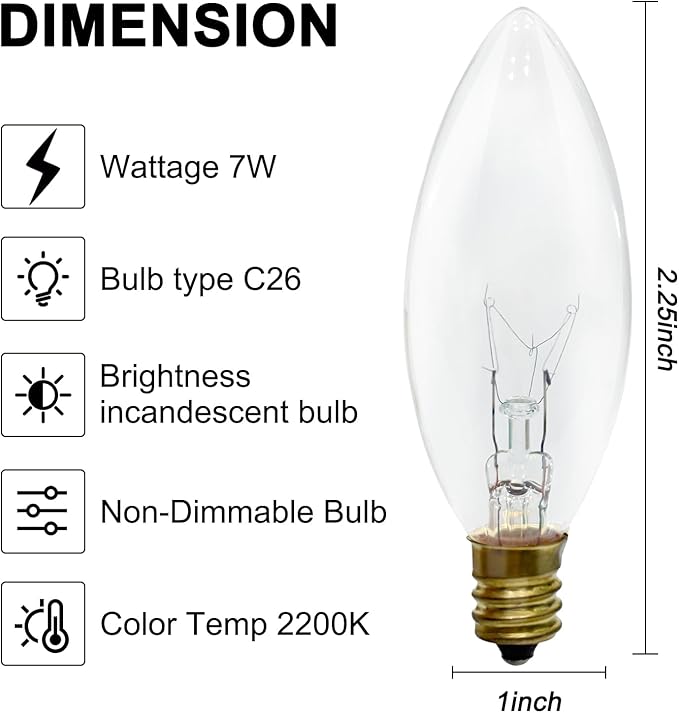 25 Pack Clear Torpedo Tip Replacement Bulbs,7 Watts Incandescent E12 Candelabra Base 120V C26 Window Candle Light Bulbs for Chandeliers Night Light Electric Candle Light