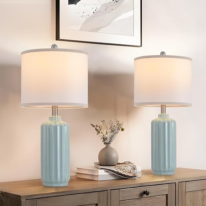 Lamp for Living Room Bedroom Lamps Farmhouse Table Lamps Set of 2 Vertical Stripe Ceramic Table Lamp,Linen Shade with Bulb, 25 in High,Light Blue