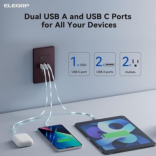 ELEGRP USB Outlets Receptacles, 3-Port Wall Outlet, 30W 6.0A Electrical Outlet, 15 Amp Tamper-Resistant Outlet with Type C Ports, UL Listed, Screwless Wall Plate Included, 10 Pack, Matte Brown