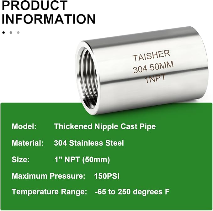 TAISHER 2PCS Stainless Steel Pipe Fittings, 1" NPT Female x 1" NPT Female Threaded, 2" Length Thickened Nipple Cast Pipe