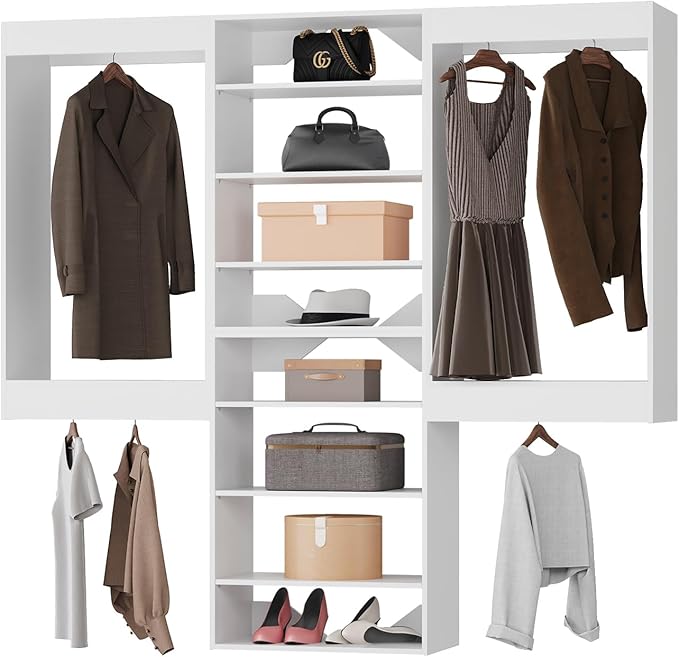 Modular Closet Organizer, 72" Wide, Wood Tower, Walk In Closet Storage, Wall Mounted, White