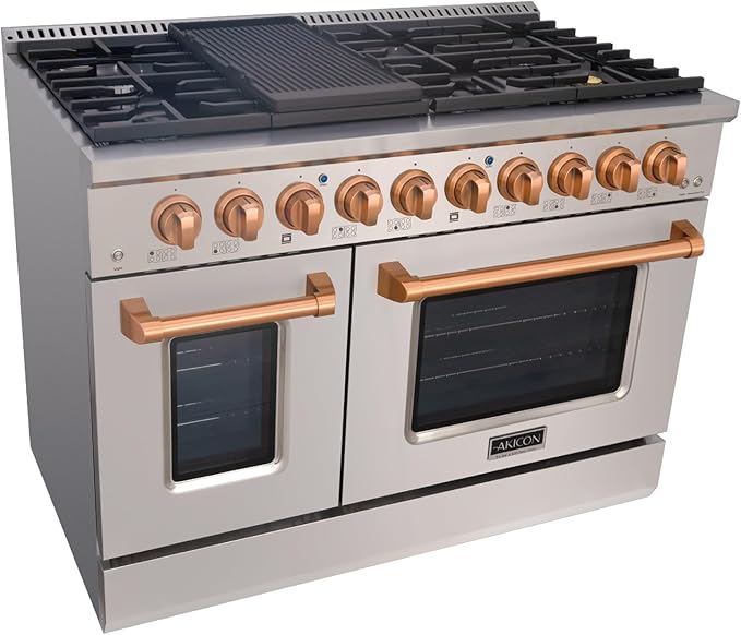 Akicon 48 Inch Freestanding Gas Range - 6.7 cu. ft. Double Rapid Convection Oven - Gas Stove with 8 Sealed Burners & a Griddle, Heavy Duty Cast Iron Grates (Copper & Stainless Steel)
