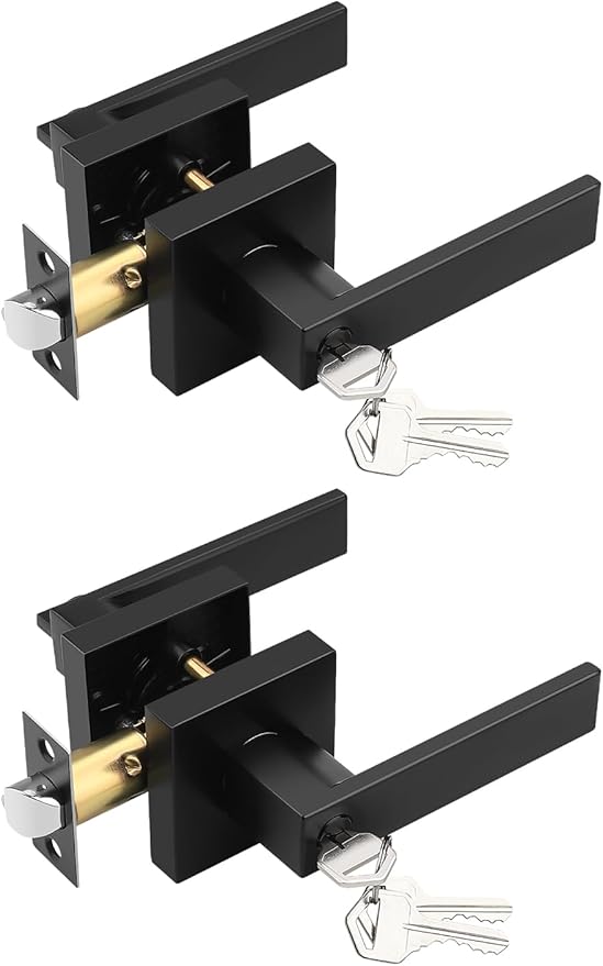 2 Pack Square Entry Door Levers with Lock and Key, Matte Black Entrance Door Handles, for Exterior or Interior Doors, Bedroom, Office, Hotel (Each with 3 Keys)