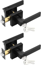 2 Pack Square Entry Door Levers with Lock and Key, Matte Black Entrance Door Handles, for Exterior or Interior Doors, Bedroom, Office, Hotel (Each with 3 Keys)