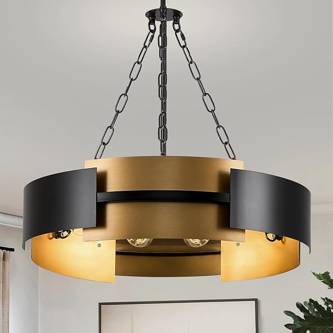 Modern Chandelier 24" Black Gold Industrial Drum Light Fixture 6-Light Metal Hanging Chandelier for Living Dining Room Foyer Entryway Kitchen