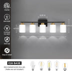 Black and Gold Bathroom Light Fixtures, 5-Light Modern Vanity Light Over Mirror, Wall Sconces with Milky White Frosted Glass Shades, E26 Socket (Bulbs Not Included)