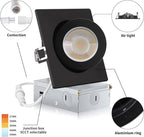 Square Black Recessed Lighting 4 Inch 6 Pack, Ajustable Eyeball recessed Light with Junction Box,5 Color Selectable,Airtight,9W 750LM,Dimmable,Black