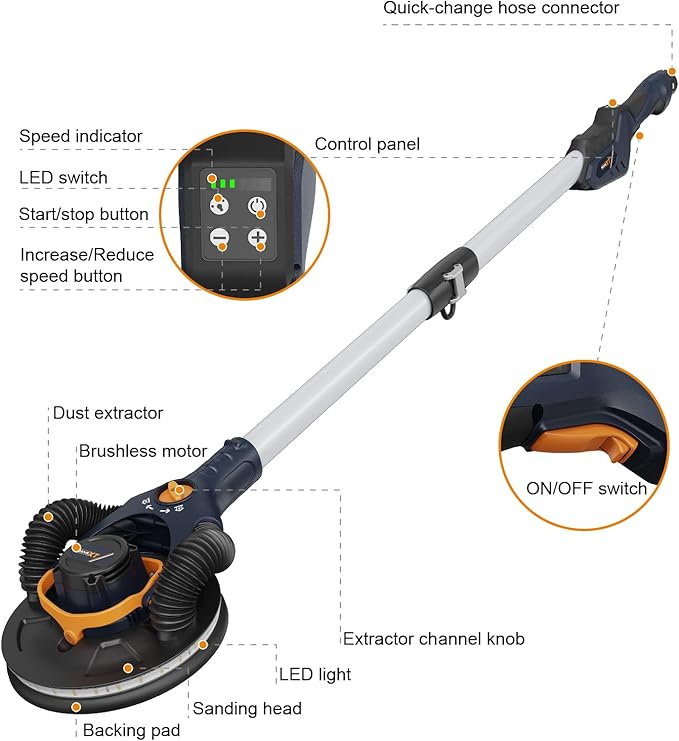 MAXXT 4mm Random Orbital Drywall Sander, Brushless 350W 3.5A Foldable Electric Wall Sander, Sander Tool with 1&2 Mode Suction Switching, Memory Variable Speed, 180° Flex Head, LED Light, Carry Bag