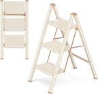 GameGem 3 Step Ladder Folding Step Stool with Wide Anti-Slip Pedal, 330LBS Capacity, Lightweight Portable Stepladder for Home and Kitchen Use, Cream Chocolate