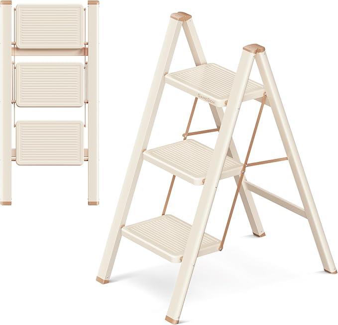 GameGem 3 Step Ladder Folding Step Stool with Wide Anti-Slip Pedal, 330LBS Capacity, Lightweight Portable Stepladder for Home and Kitchen Use, Cream Chocolate