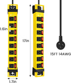 Heavy Duty Power Strip with Individual Switches,8 Outlets 14 Gauge Industrial Shop Garage Metal Multiple Outlets,1200J Surge Protector Mountable Power Strip,15FT Extension Cord Management (Yellow)