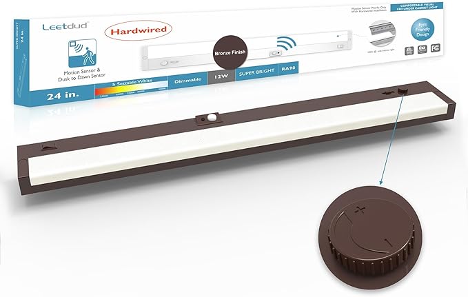 LED Under Cabinet Lighting Motion Sensored Hardwired with Built-in Dimmer, 24 Inch 12W Dimmable 5 Color 2700/3000/3500/4000/5000K, Linkable Eyes Care for Kitchen, Counter, ETL Listed, Bronze