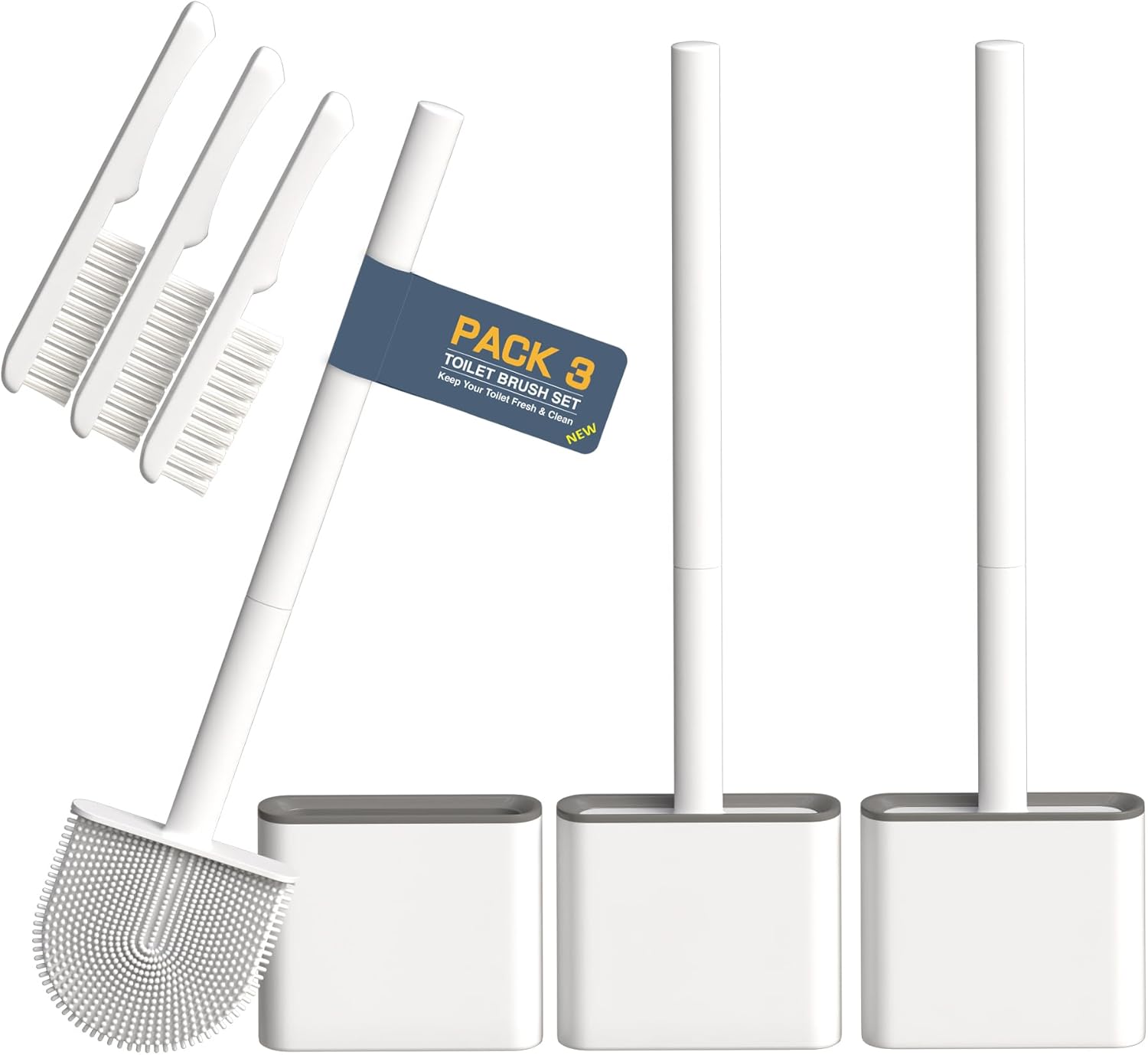 3 Pack Silicone Toilet Brushes & Holders– Includes 3 Crevice Brushes for Bathroom, Long Non-Slip Handle – Durable Bathroom Cleaning Set.