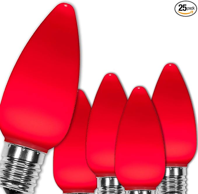 Wintergreen Lighting 25-Pack OptiCore C9 LED Red Christmas Light Bulbs - Valentine Lights Ceramic Style Vintage Christmas Lights Replacement Indoor/Outdoor, E17 Base (Red Smooth)