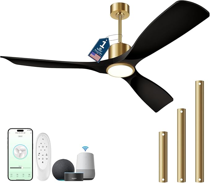 52" Smart Ceiling Fan with Lights,Black and Gold Outdoor Ceiling Fan,Work with Alexa/Gg/App/Remote,3-Color Light Dimmable 6-Speed Quiet Reversible for Patio Porch Bedroom
