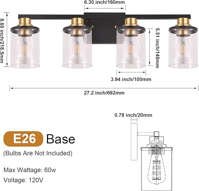 4-Lights Bathroom Vanity Light Fixtures, Modern Black Wall Lamp Over Mirror with Clear Glass Shade for Living Room, Hallway, Kitchen,Toilet, Cabinet Porch