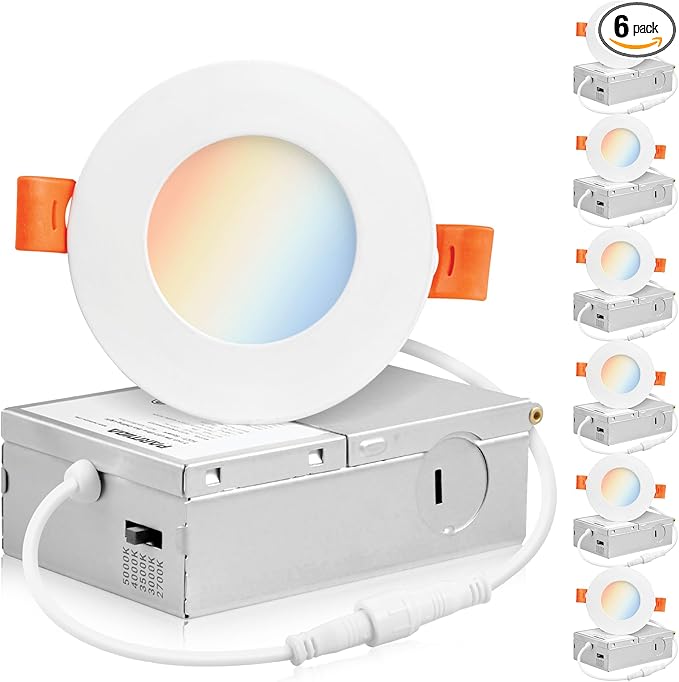 PARMIDA (6 Pack) 3 Inch 5CCT Ultra-Thin LED Recessed Ceiling Light with Junction Box, 5 Color Selectable 2700K/3000K/3500K/4000K/5000K, 8W, Dimmable Canless Wafer Slim Panel Downlight, IC Rated, ETL