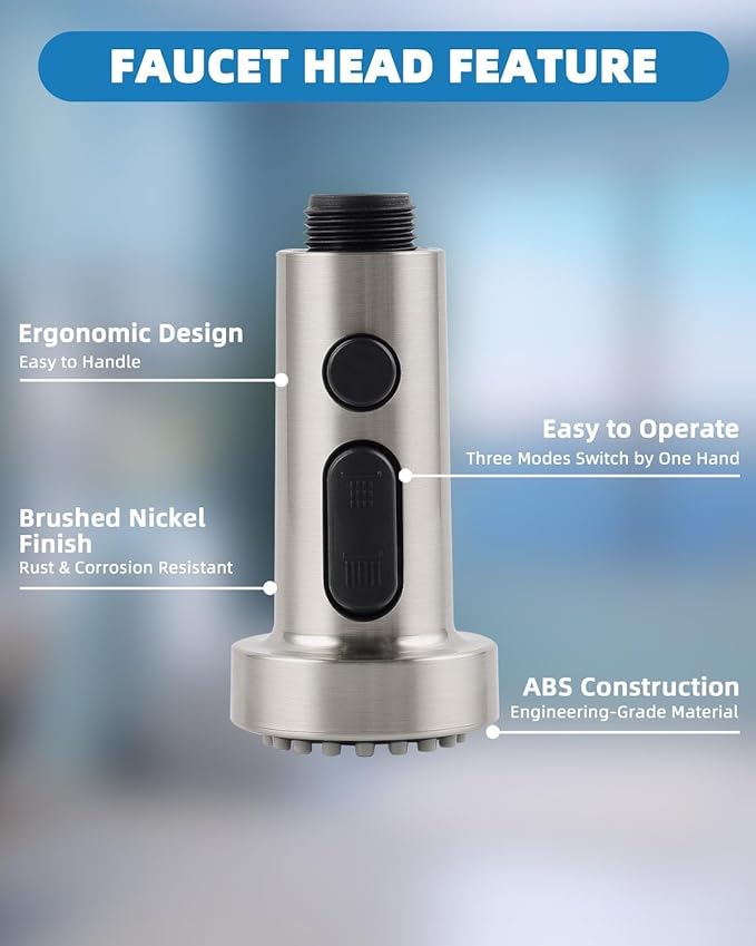 Hibbent Pull Down Kitchen Faucet Head Replacement, 3 Function Sink Faucet Sprayer Head Nozzle with 15 Adapters, Compatible with Moen, American Standard, Delta, Kohler Faucets, Brushed Nickel