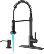 FORIOUS LED Kitchen Faucet with Soap Dispenser, Black Stainless Steel Traditonal Spring Commercial Pull Out Sink Faucet with Pull Down Sprayer for Laundry & Utility RV Camper Bar Farmhouse