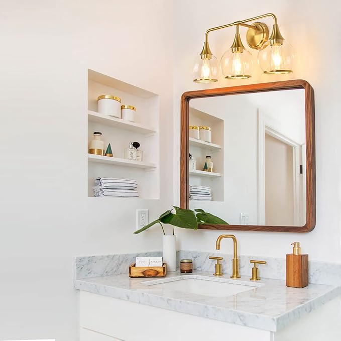 Gold Bathroom Vanity Light 3-Lights Bathroom Light Fixtures Over Mirror with Clear Glass Shade 22.4 inch Wall Sconce Lighting Bath(Exclude E26 Bulb)