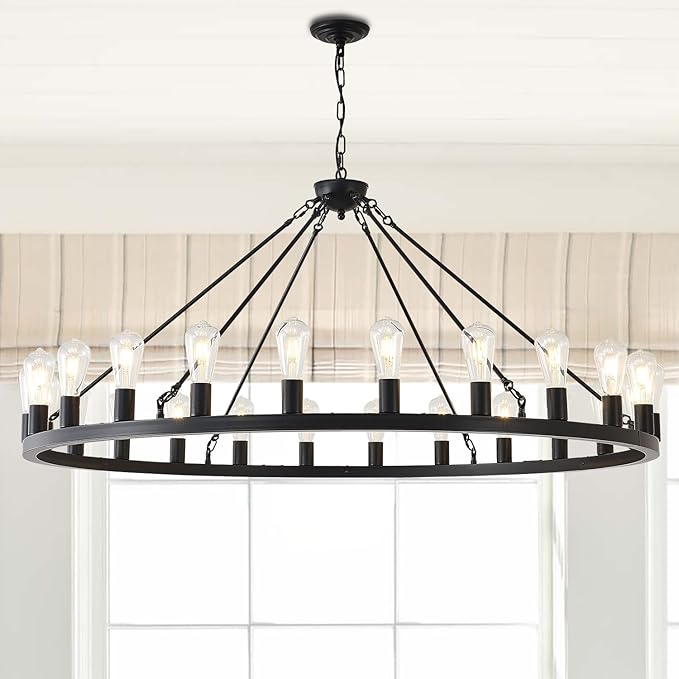 53” Large Farmhouse Wagon Wheel Chandelier,Black Rustic Chandelier 24-Lights,Round Dining Room Light with Adjustable Height,Industrial Ceiling Light Fixtures for Kitchen,Foyer,Porch,Living room