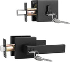 1 Pack Keyed Entry Door Lever and Single Cylinder Deadbolt Set, Keyed Alike Reversible Lockset, Matte Black Square Interior/Exterior Handleset for Bedroom, Front Door