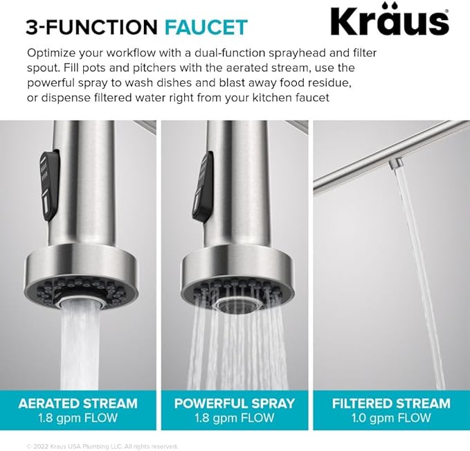 KRAUS Bolden 2-in-1 Commercial Style Pull Down Single Handle Water Filter Kitchen Faucet for Reverse Osmosis or Water Filtration System in Spot-Free Stainless Steel/Matte Black, KFF-1610SFSMB
