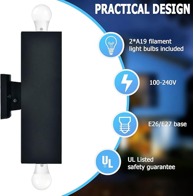 Dawn to Dusk Outdoor Light Fixtures Wall Mount 2 Pack, LED Modern Up Down Lighting Outdoor Wall Sconce Lights 2700k, 13" Black Outside exterior lights for House Porch Garage,IP65,UL Listed (Black)