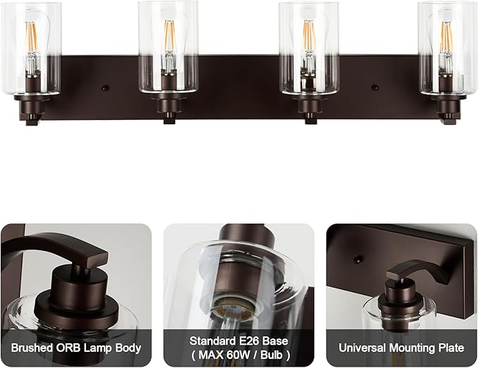 4-Light Bathroom Light Fixtures Modern ORB Vanity Lights for Bathroom Lighting Fixtures Over Mirror with Clear Glass Shade for Cabinet Mirror Bedroom Hallway