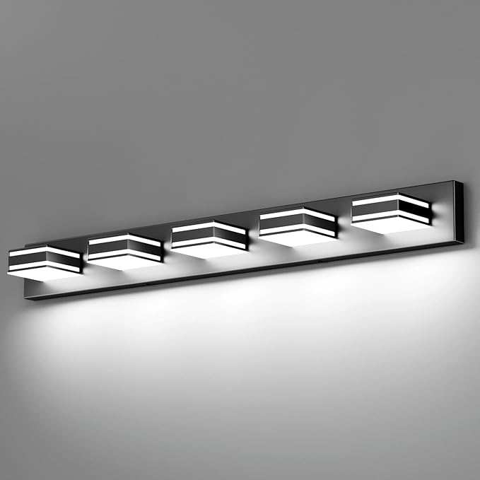 Ralbay Black Vanity Light Fixtures 40.5inch 5-Light Acrylic Modern LED Matte Black Bathroom Wall Vanity Lighting Fixtures Over Mirror
