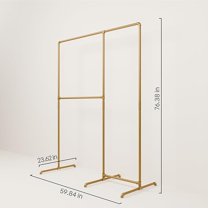 pamo Gold Clothing Rack – 59.84" W x 76.38" H – Industrial Pipe Metal Garment Organizer for Bedroom or Retail – Heavy-Duty Clothes Rack – Easy Assembly