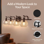 ANDY STAR 4 Light Bathroom Vanity Lights, Matte Black Bathroom Light with Clear Globe Glass Lampshade, 30.5 Inch Industrial Wall Lamp, E26 Base, Bulbs Not Included