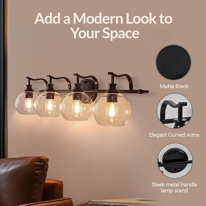 ANDY STAR 4 Light Bathroom Vanity Lights, Matte Black Bathroom Light with Clear Globe Glass Lampshade, 30.5 Inch Industrial Wall Lamp, E26 Base, Bulbs Not Included