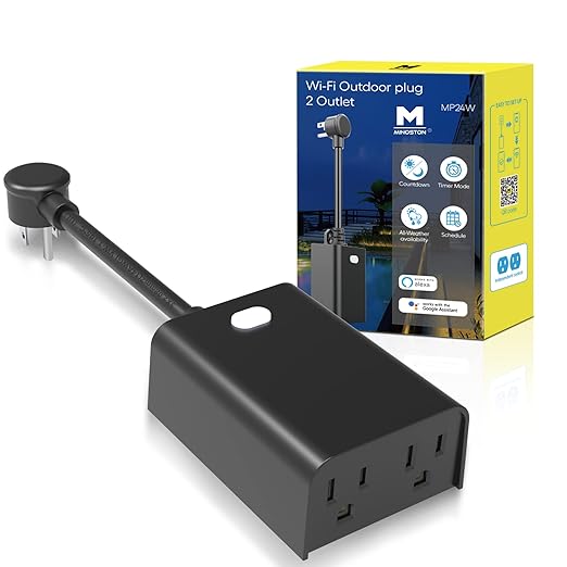 Minoston Outdoor Smart Plug, Wi-Fi Plugs Outlet with 2 Individual Control Sockets, Weather-Resistance, Work with Alexa, Google Assistant, 125V, 2.4 GHz Wireless Frequency, No Hub Required (MP24W)