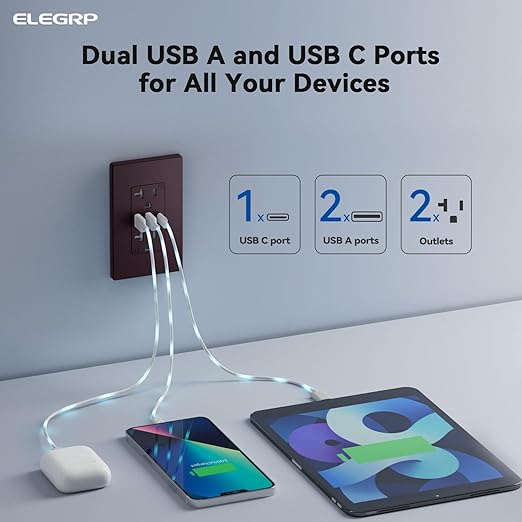 ELEGRP USB Outlets Receptacles, 3-Port Wall Outlet, 30W 6.0A Electrical Outlet, 15 Amp Tamper-Resistant Outlet with Type C Ports, UL Listed, Wall Plate Included, 2 Pack, Matte Brown