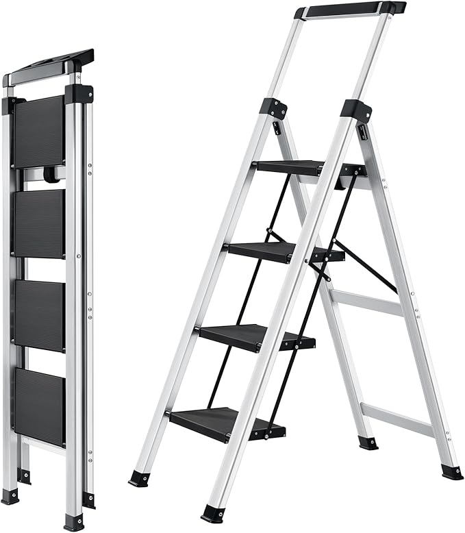 XinSunho 4 Step Ladder, Aluminum Folding Stool with Retractable Handrails & Tool Tray, Anti-Slip, Sturdy Lightweight, 330lbs Safety for Kitchen Indoor Outdoor