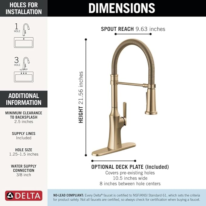 Delta Ermelo Pro Style Commercial Kitchen Faucet with Pull Down Sprayer, Single Hole Brushed Gold Kitchen Sink Faucet, Single Handle, Champagne Bronze 18887-CZ-DST