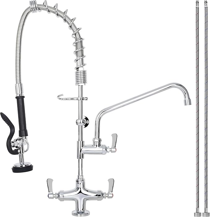 27" Height Commercial Sink Faucet Deck Mount with Pre-Rinse Sprayer, Commercial Kitchen Faucet with 10" Add-on Swing Spout Faucet & Spring Pull Down Sprayer, 8" Adjustable Center Kitchen Faucet