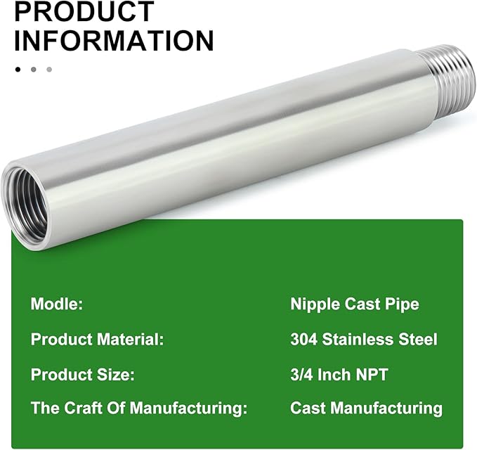 TAISHER 2PCS Stainless Steel Pipe Fittings, 3/4" NPT Male x 3/4" NPT Female Threaded, 6" Length Nipple Cast Pipe