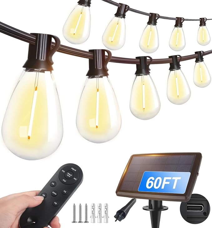 Tenmiro 60FT Solar String Lights Outdoor with Remote and 16+2 LED Shatterproof Bulbs Dimmable & Timing 3 Light Modes Solar Patio String Lights for Cafe, Garden, Deck, Outside Wedding Last for 10+Hrs