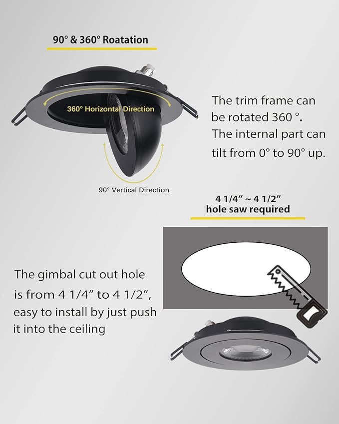 Gimbal LED Recessed Light - 4 Inch Black 9W 360° Rotation Directional Adjustable Eyeball Sloped Ceiling Recessed Lighting 4 inch Light Wafer Soffit Indoor Spotlight Canless Black 4 inch 6 Pack