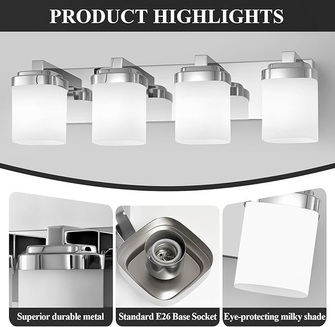 4-Light Chrome Bathroom Light Fixtures, Vanity Lights for Bathroom Mirror Lamp with Milky White Square Glass Shade, E26 Base Modern Wall Sconce Kitchen Light Fixtures Led Vanity