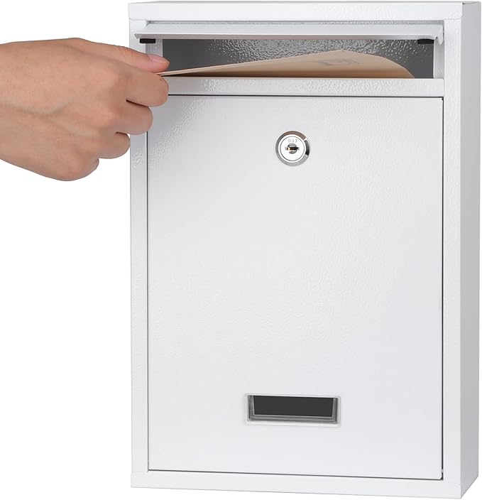 KYODOLED Key Lock MailBoxes for Outside, Locking Wall Mount Mailbox, Security Key Drop Box for Letters Newspapers, Cards, 12.4H x 8.54L x 3.35W Inches, White