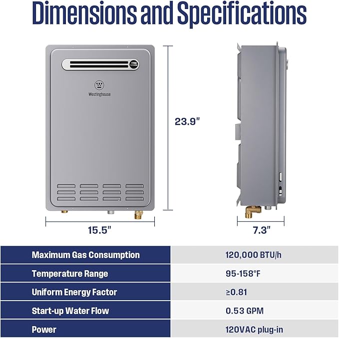 Westinghouse Tankless Water Heater Propane Outdoor Installation Max 5.1 GPM 120,000 BTU, Temp Self Modulating Non Condensing High Efficiency Water Heater for House or Commercial, APOLO Performance
