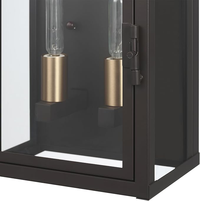GLOBE Electric 60000131 2-Light Outdoor Wall Sconce, Dark Bronze, Matte Brass Accents, Weatherproof Glass Door Closure