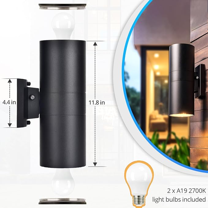 wowlite Dusk to Dawn Outdoor Light Fixture, Up and Down Lights Outdoor Lights for House, Waterproof Modern Cylinder Black Exterior Lighting Fixtures for Front Door Garage ETL Listed, 2 Pack