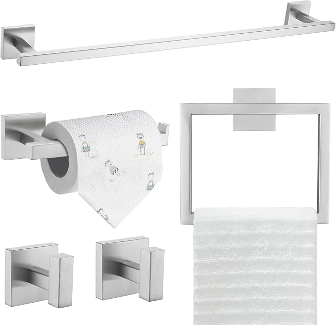 TQKAG 5-Piece Bathroom Hardware Set Brushed Nickel Classic Wall Mounted SUS304 Stainless Steel Bathroom Accessories Set 23.6" Towel Rack for Bathroom, Brushed Nickel
